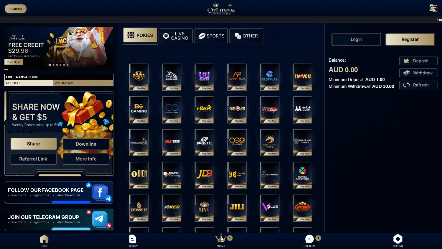 Ozluxe96 Casino desktop home screen