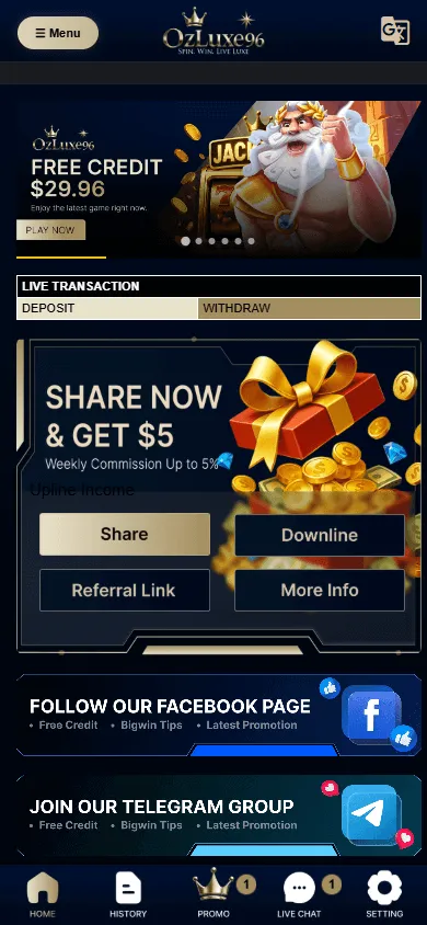 Ozluxe96 Casino mobile home screen
