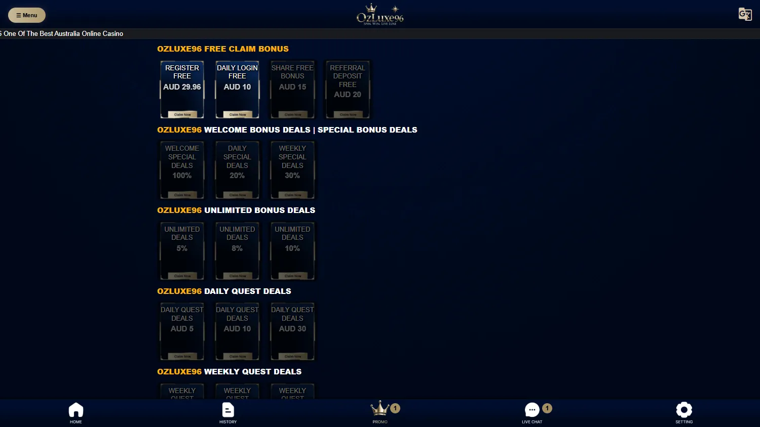 Ozluxe96 Casino desktop promotions screen
