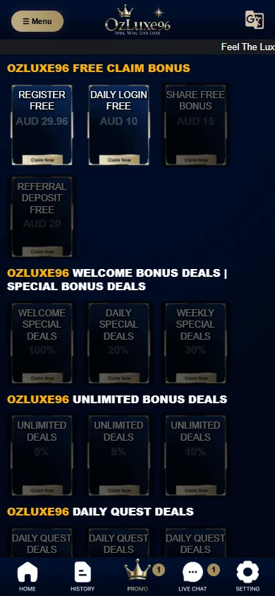 Ozluxe96 Casino mobile promotions screen